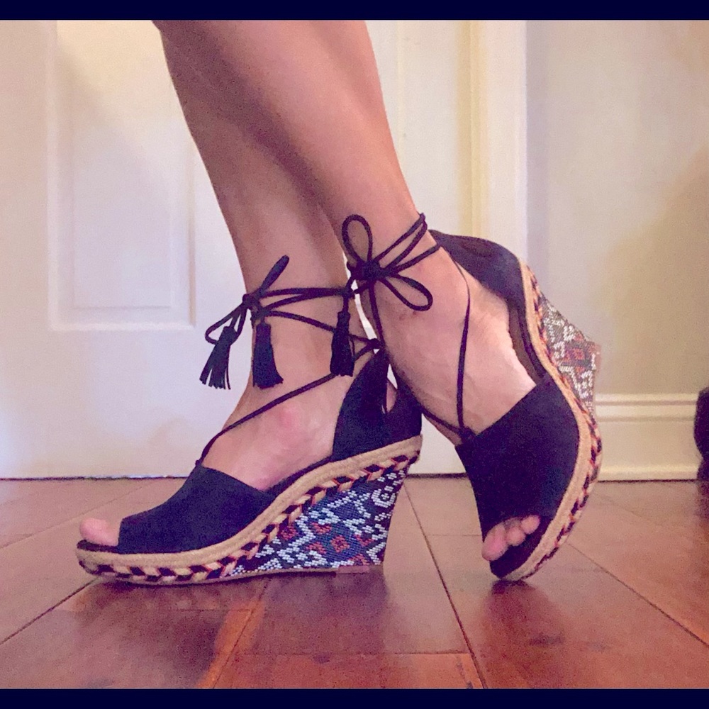 CABI platform wedge espadrilles open toe Navy blue suede